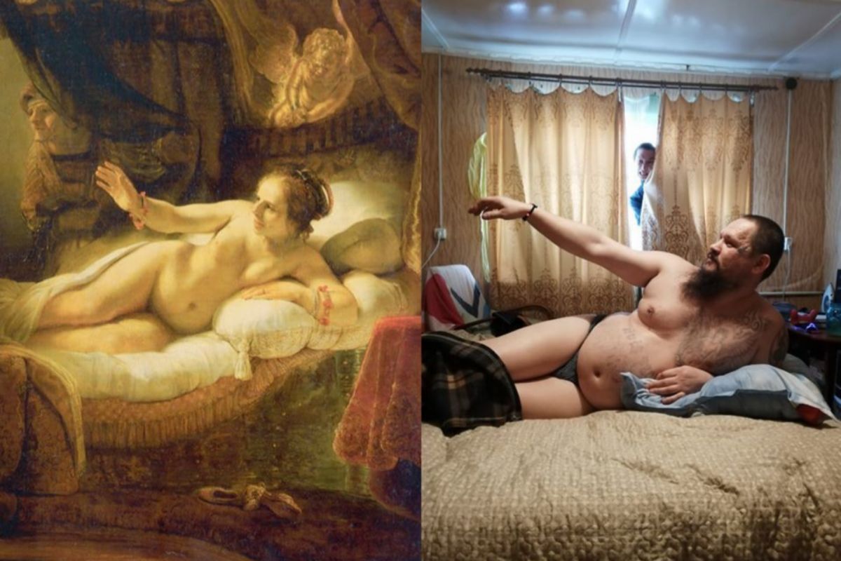 La obra de Tatiana Efremova, emulando el cuadro 'Danae' de Rembrandt.