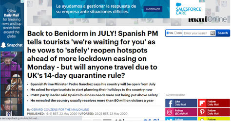 Artculo de 'The Daily Mail' sobre la vuelta a Benidorm en julio.