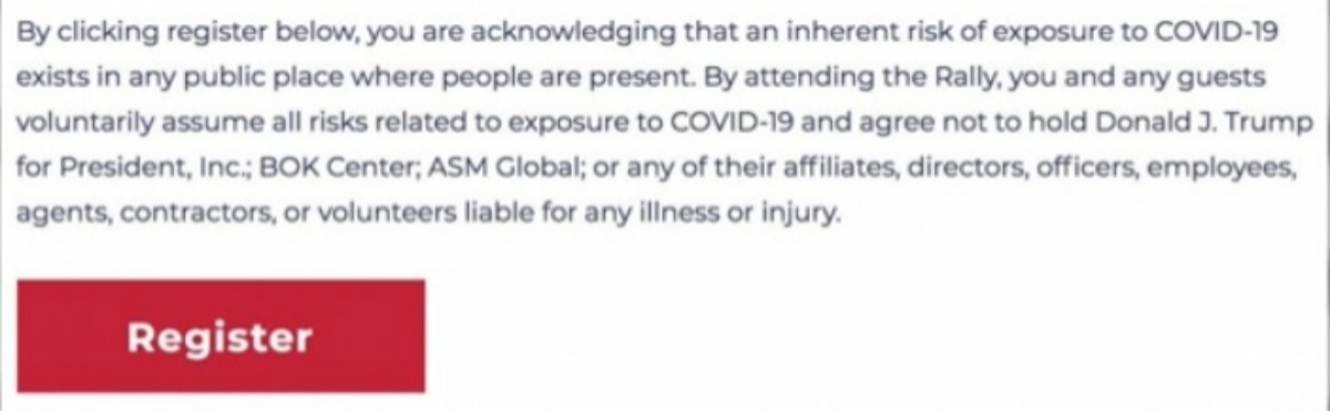 Declaración de descargo de responsabilidad en caso de contagio de coronavirus para asistir al mitin de Trump.