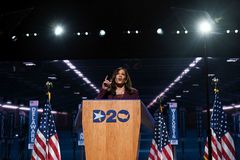 La candidata a la Vicepresidencia de EEUU Kamala Harris, durante su discurso en la Convencin Demcrata.