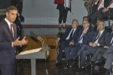 Pedro Snchez celebra los 100 primeros das de su gobierno en 2018 ante Florentino Prez, Luis Gallego, Maurici Lucena, Jos Mara lvarez Pallete e Ignacio Galn entre otros.
