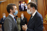 El presidente del PP, Pablo Casado, con su antecesor, Mariano Rajoy, en la toma de posesin de Alberto Nez Feijo.