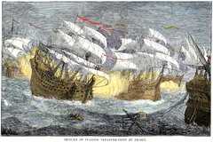 AC2GFF Seizure of Spanish treasure ships by the English fleet of Sir Francis lt;HIT gt;Drake lt;/HIT gt;. Hand-colored woodcut