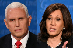 (COMBO) This combination of pictures created on October 07, 2020 shows US Vice President Mike Pence and US Democratic vice presidential nominee and Senator from California lt;HIT gt;Kamala lt;/HIT gt; Harris during the vice presidential debate in Kingsbury Hall at the University of Utah on October 7, 2020, in Salt Lake City, Utah. (Photos by Eric BARADAT and Robyn Beck / AFP)