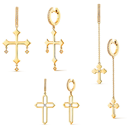Los tres pares de pendientes en oro amarillo y diamantes de la coleccin The Craft con la cruz como diseo central.