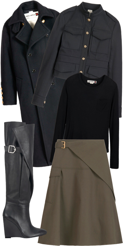 Abrigo negro de lana y botones dorados (149 euros) - Chaqueta tipo cazadora (99,95euros) - Camiseta de cuello redondo (29,95 euros) - Botas altas con cua - Falda midi kakhi (69,95 euros)