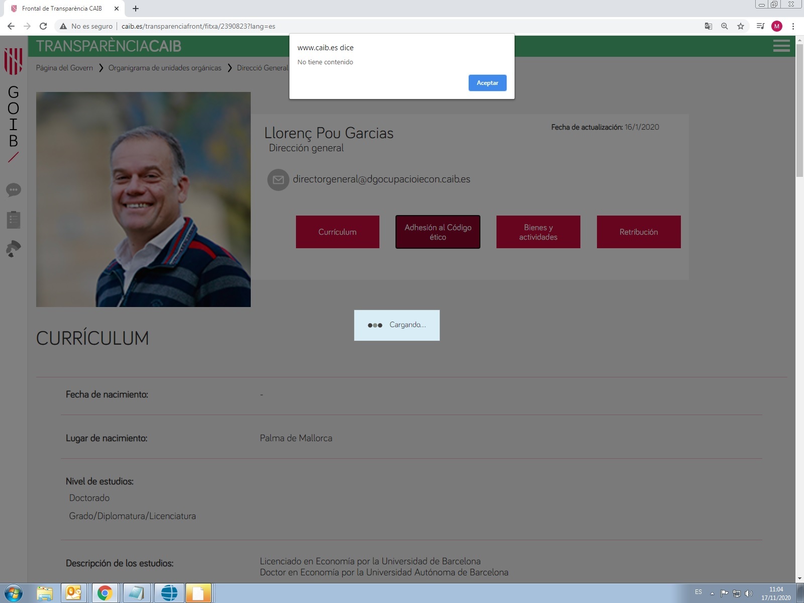Captura de imagen de la web de la conselleria en la que no est colgado el Cdigo tico.