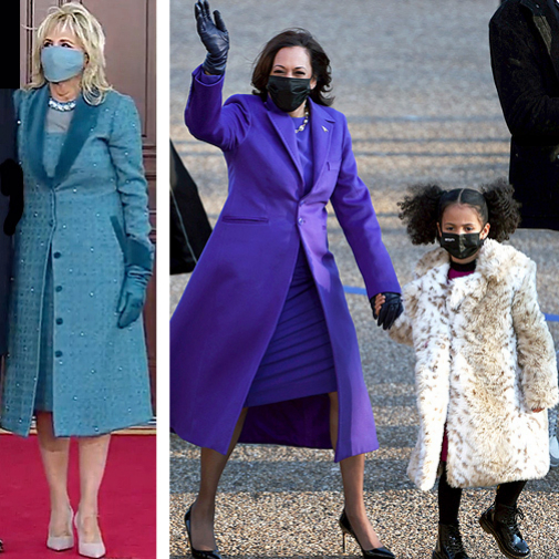 El monocolor imper en los trajes de la primera dama y la vicepresidenta que posa con su sobrina, quien va a la moda on su abrigo de peluche.