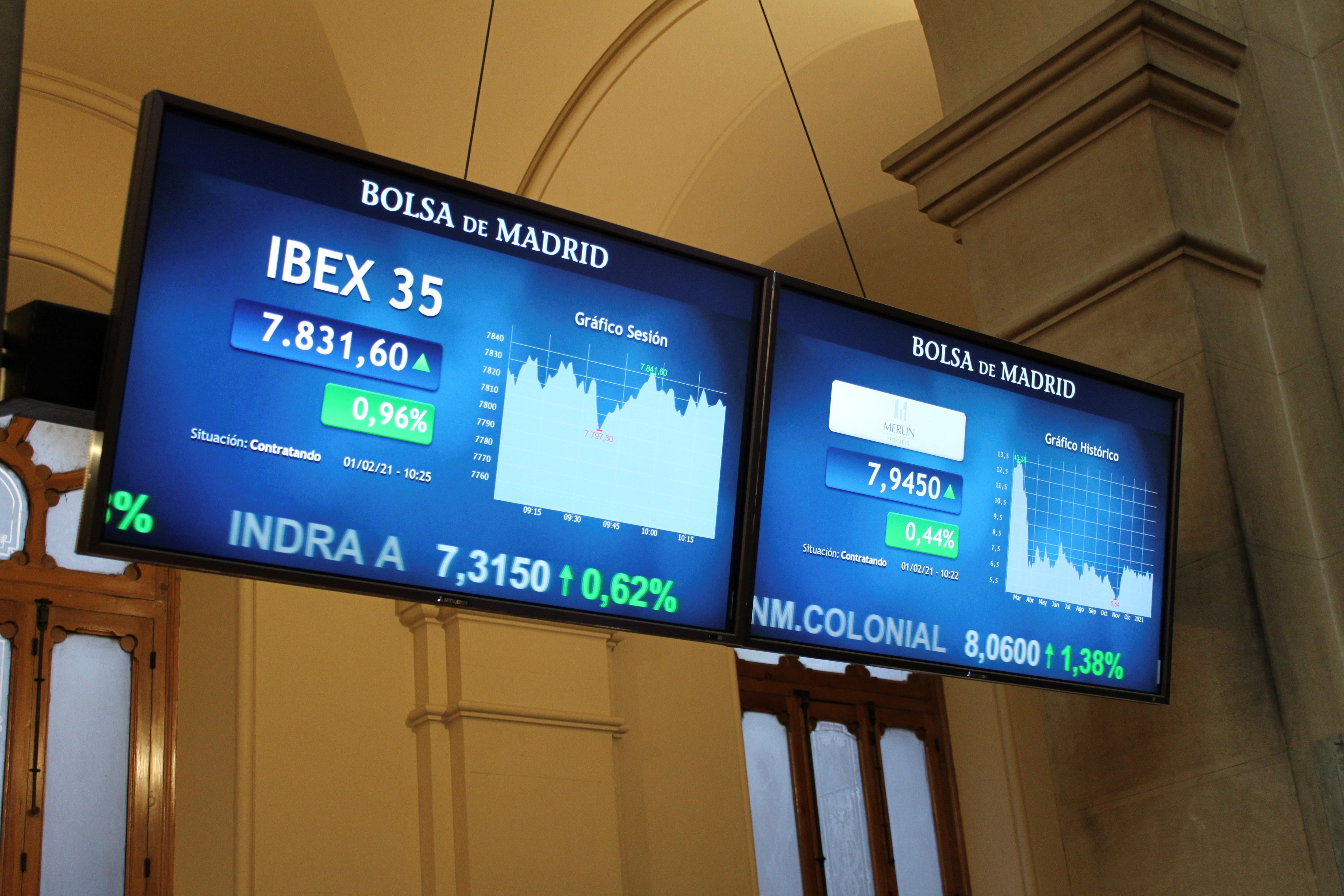 Pantallas de cotizacin del Ibex 35 en el Palacio de la Bolsa de Madrid.