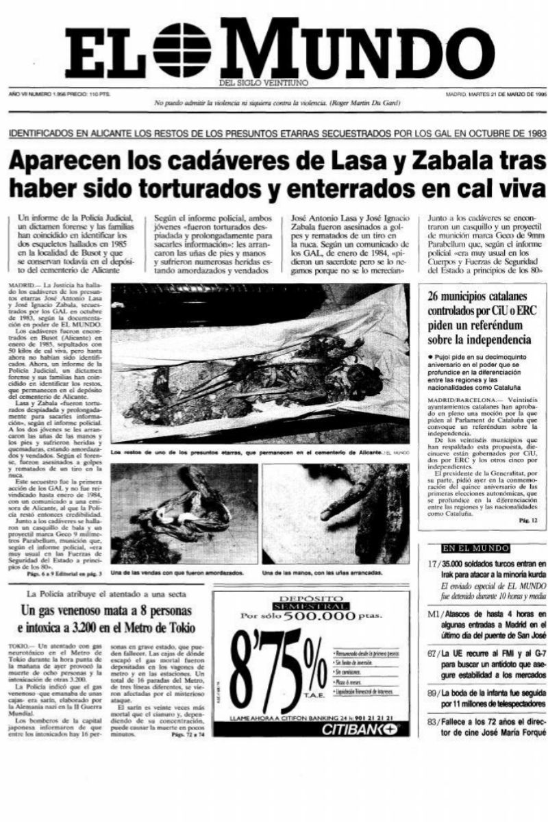 Portada de EL MUNDO del 21 de marzo de 1995.