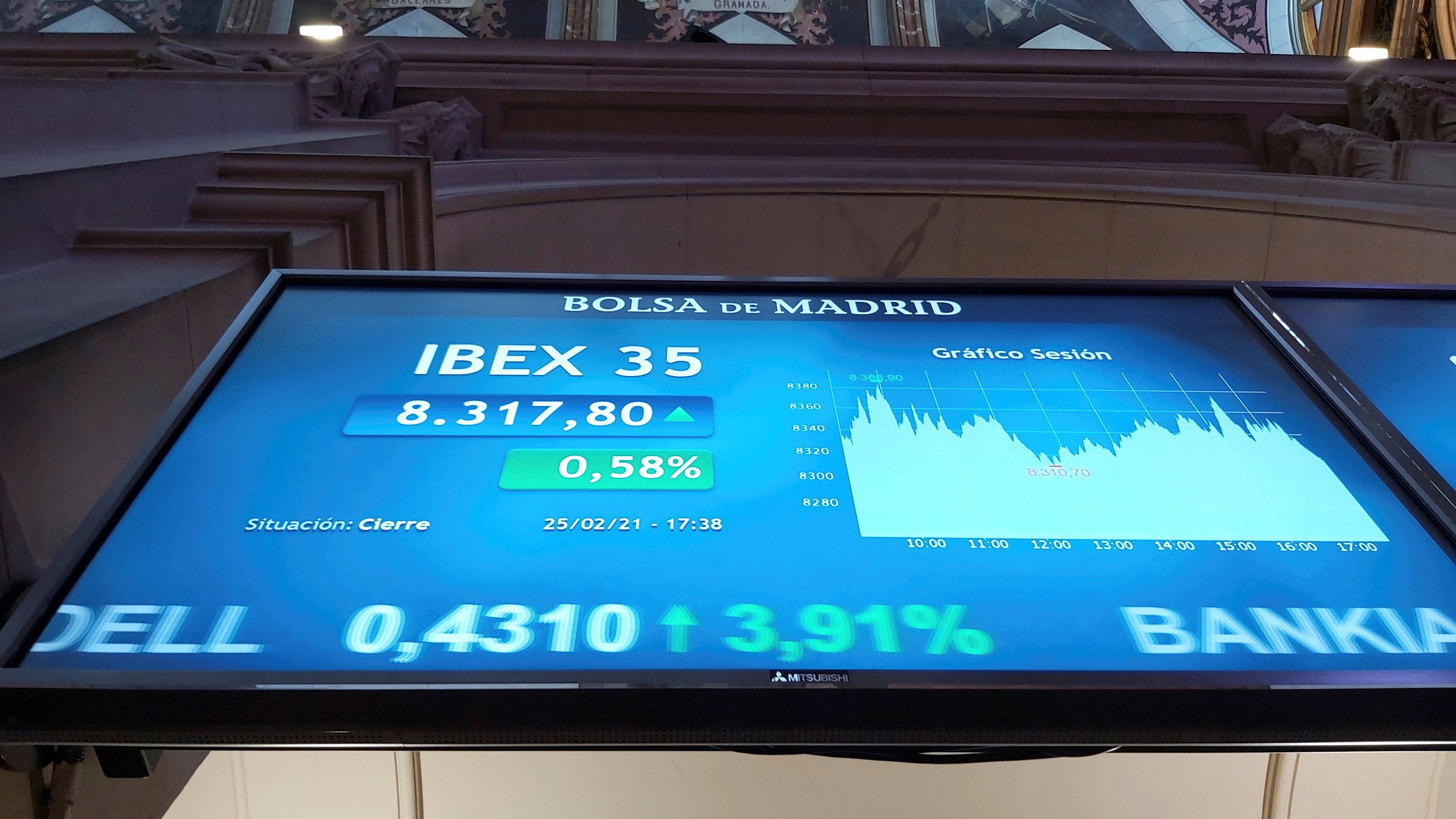 Pantalla de cotizacin del Ibex 35 en el Palacio de la Bolsa de Madrid.