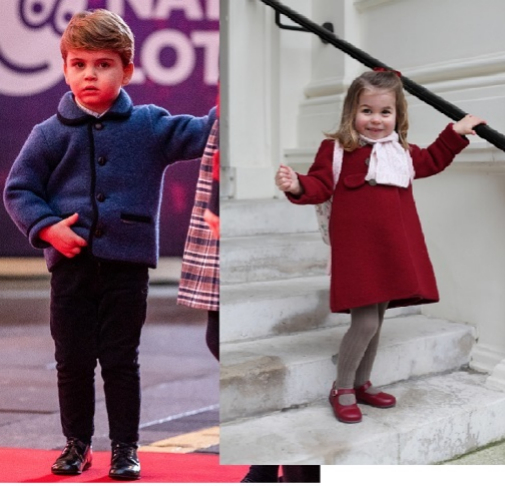 Louis de Cambridge viste una chaqueta austriaca heredada de su hermano y fabricada por Marae Kids. Charlotte, con un abrigo de la misma firma espaola.