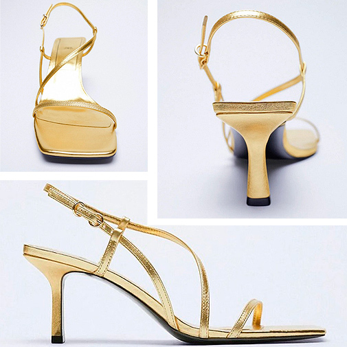 Sandalias doradas con puntera cuadrada de Zara con tacn de 8 centmetros (35,95 euros)