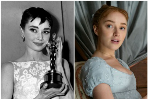 Flequillito mini, parecidos razonables: Audrey Hepburn en 1954 y Daphne Bridgerton en la serie de Netflix 'Los Bridgerton'.