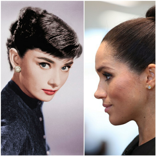 Las cejas naturales de Audrey Hepburn, con leve cada en la cola, y las de Meghan Markle, menos pobladas pero con forma similar.