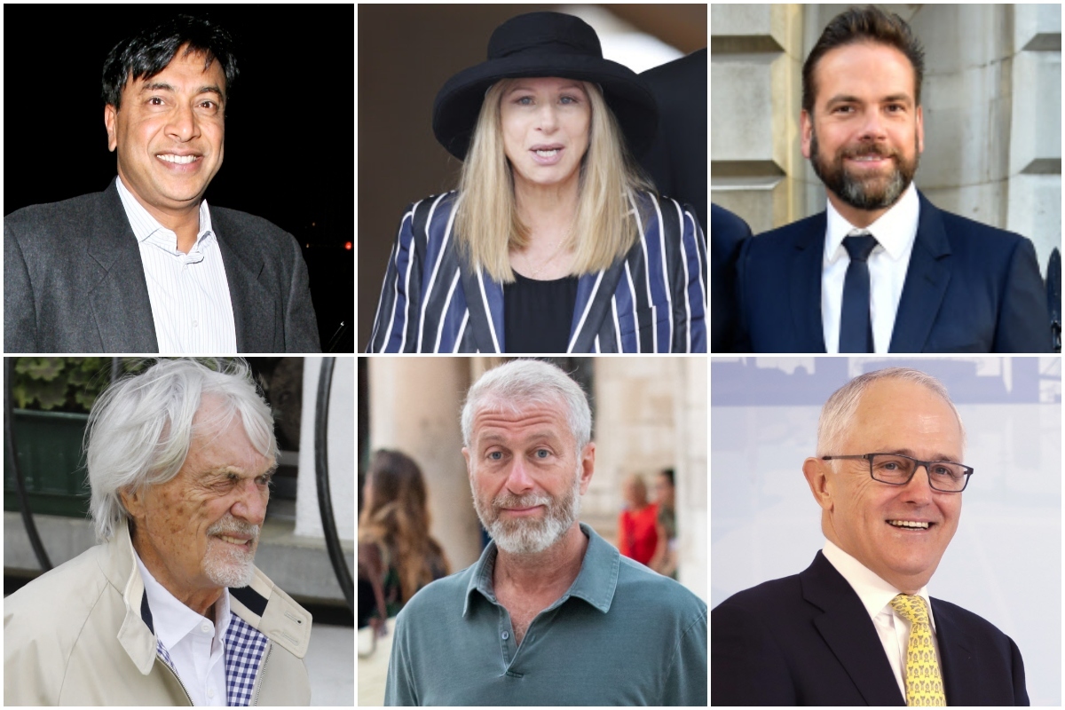 De izquierda a derecha y de arriba abajo: Lakshmi Mittal, Barbra Streisand, Lachlan Murdoch, Bernie Ecclestone,  Roman Abramovich y Malcolm Turnbull. que habitan todos en alguna de las calles más caras del mundo.