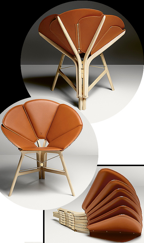 Silla 'Concertina', diseo de Raw Edges con asiento de seis ptalos tapizados con piel 'Nomade' y estructura de metal dorado cepillado, de la coleccin 'Objetos Nmadas' de Louis Vuitton.