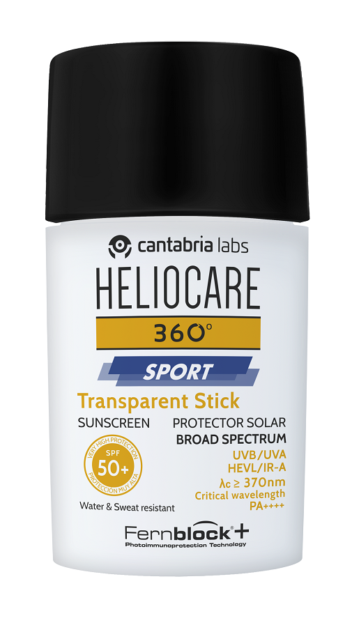 Buenos consejos y mejores protectores solares si vas a hacer deporte en el parque o la playa: Heliocare 360 Sport Transparent Stick  de Cantabria Labs.