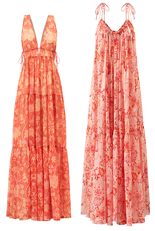 Dos vestidos largo estampados en color coral (99,99  / un), de la coleccin diseada por Sofia Sanchez de Betak para Mango.