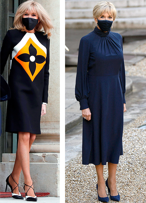 La primera dama de Francia con una de sus habituales minifaldas y con su look midi.
