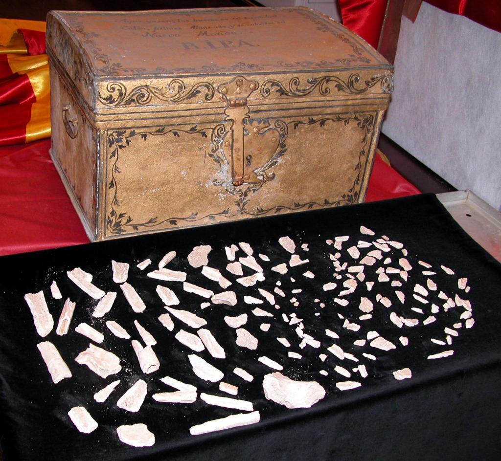 Restos seos exhumados de la tumba de Cristbal Coln en la Catedral de Sevilla en el ao 2003.