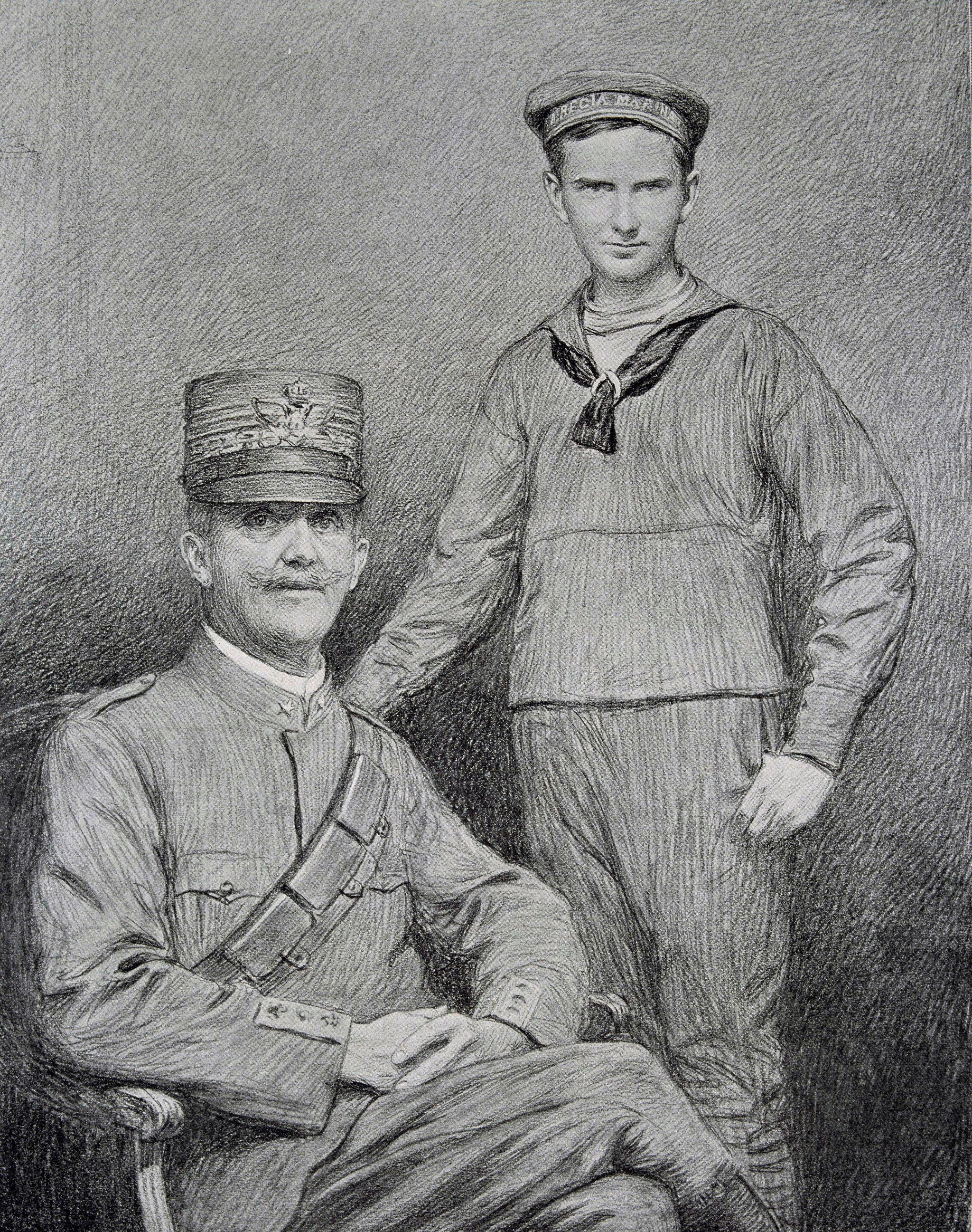 Un joven Humberto (derecha), junto a su padre, el rey Víctor Manuel III, en un grabado de los años 20.