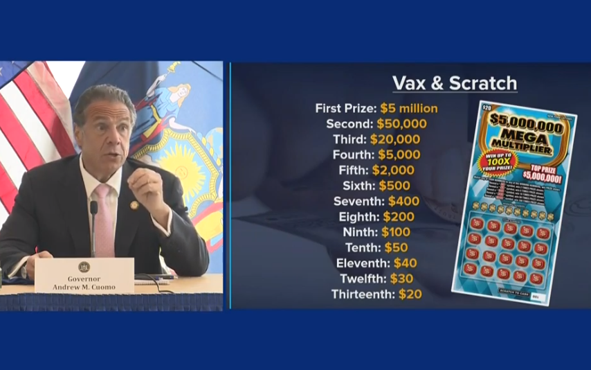 Imagen de la presentacin del sorteo Vax & Scratch en una comparecencia de Andrew Cuomo