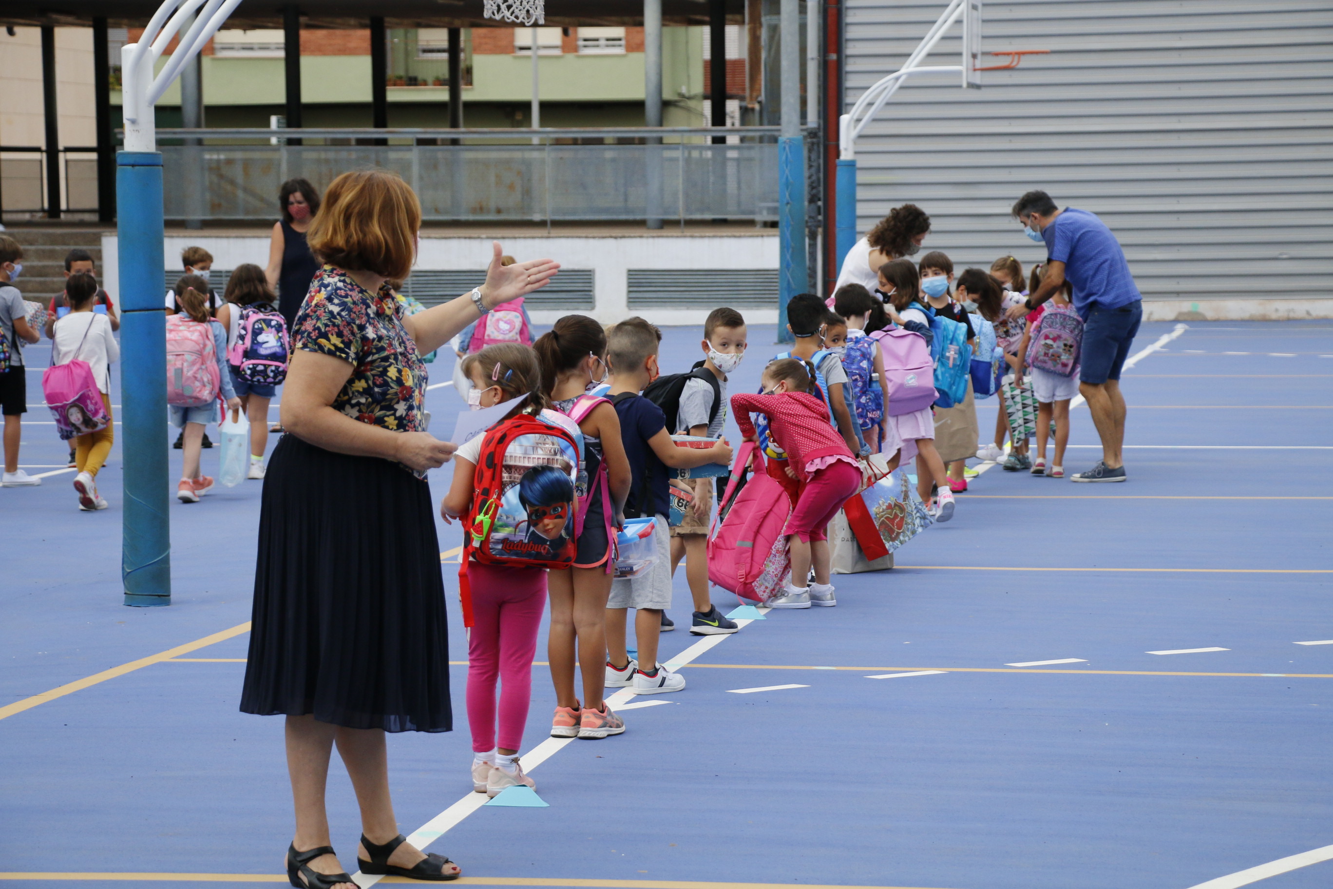 Escolares hacen fila en un gimnasio de un colegio castellonense.