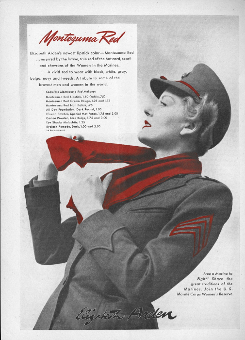 Una de las publicidades de pintalabios rojos de Elizabeth Arden inspirados por, y para, las amrines estadonidenses durante la Segunda Guerra Mundia