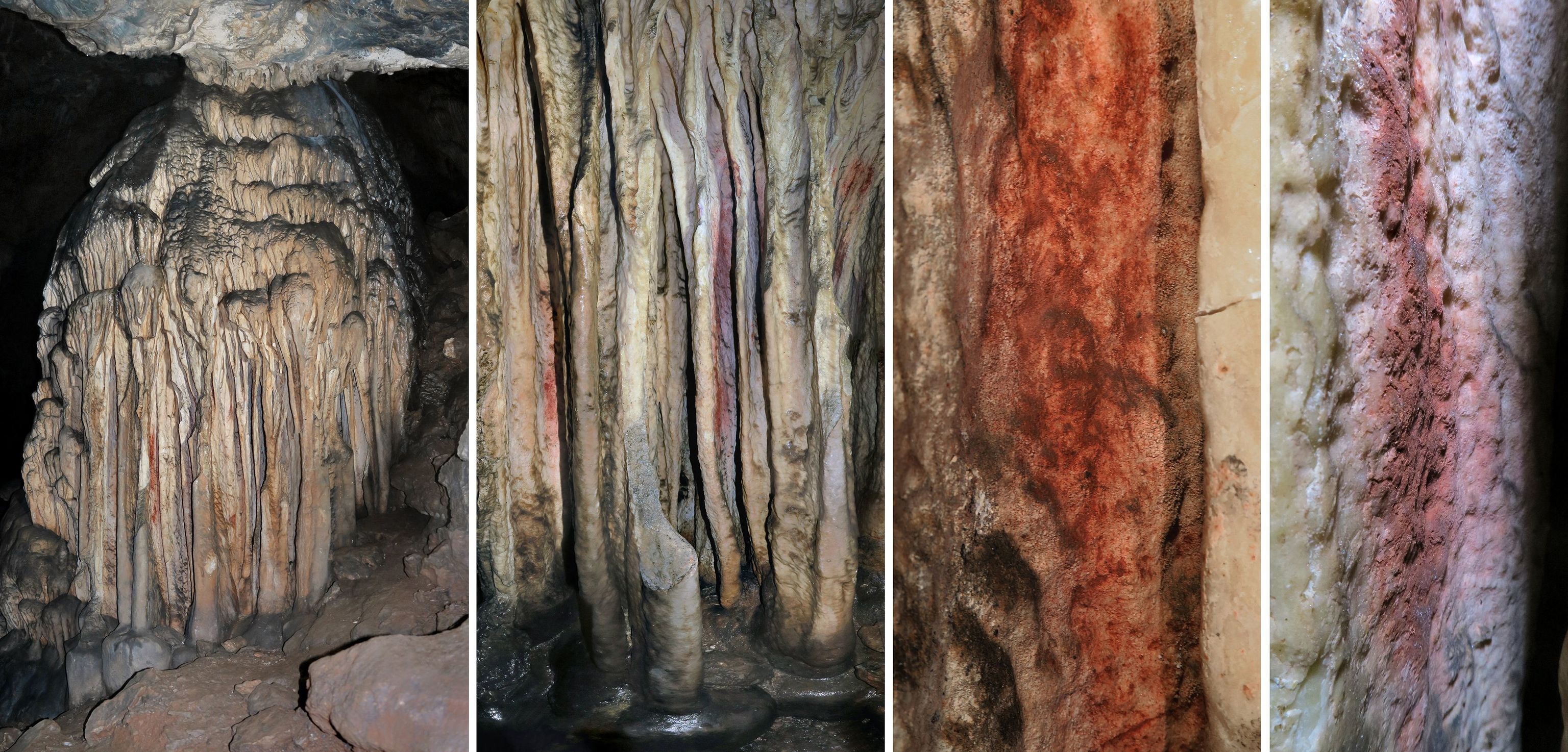 Combinacin de imgenes de las marcas rojas en la cueva de Ardales, en Mlaga.
