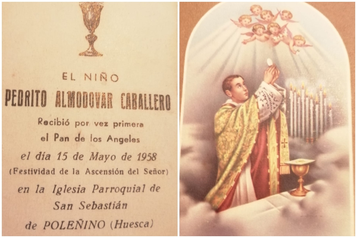 El anverso y el reverso del recordatorio de la comunin de Pedro Almodvar.