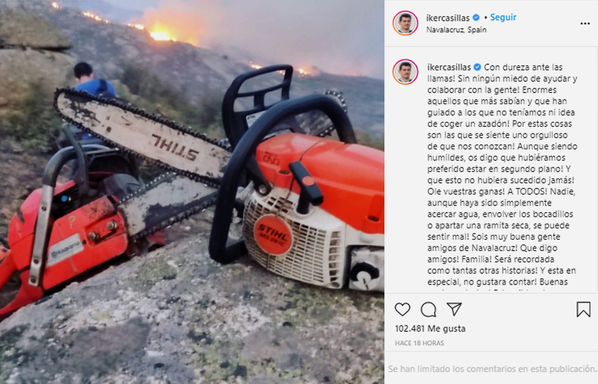 Mensaje sobre el incendio que Iker Casillas public en Instagram.
