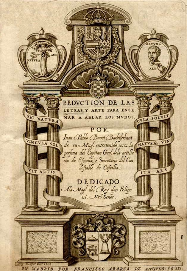 Parte de la portada de su tratado para enseñar a comunicarse a los mudos, de c.uya publicación se cumplen 400 años