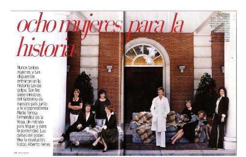 La doble pgina de apertura del polmico reportaje de Vogue sobre las ministras del gabinete de Zapatero en 2004.