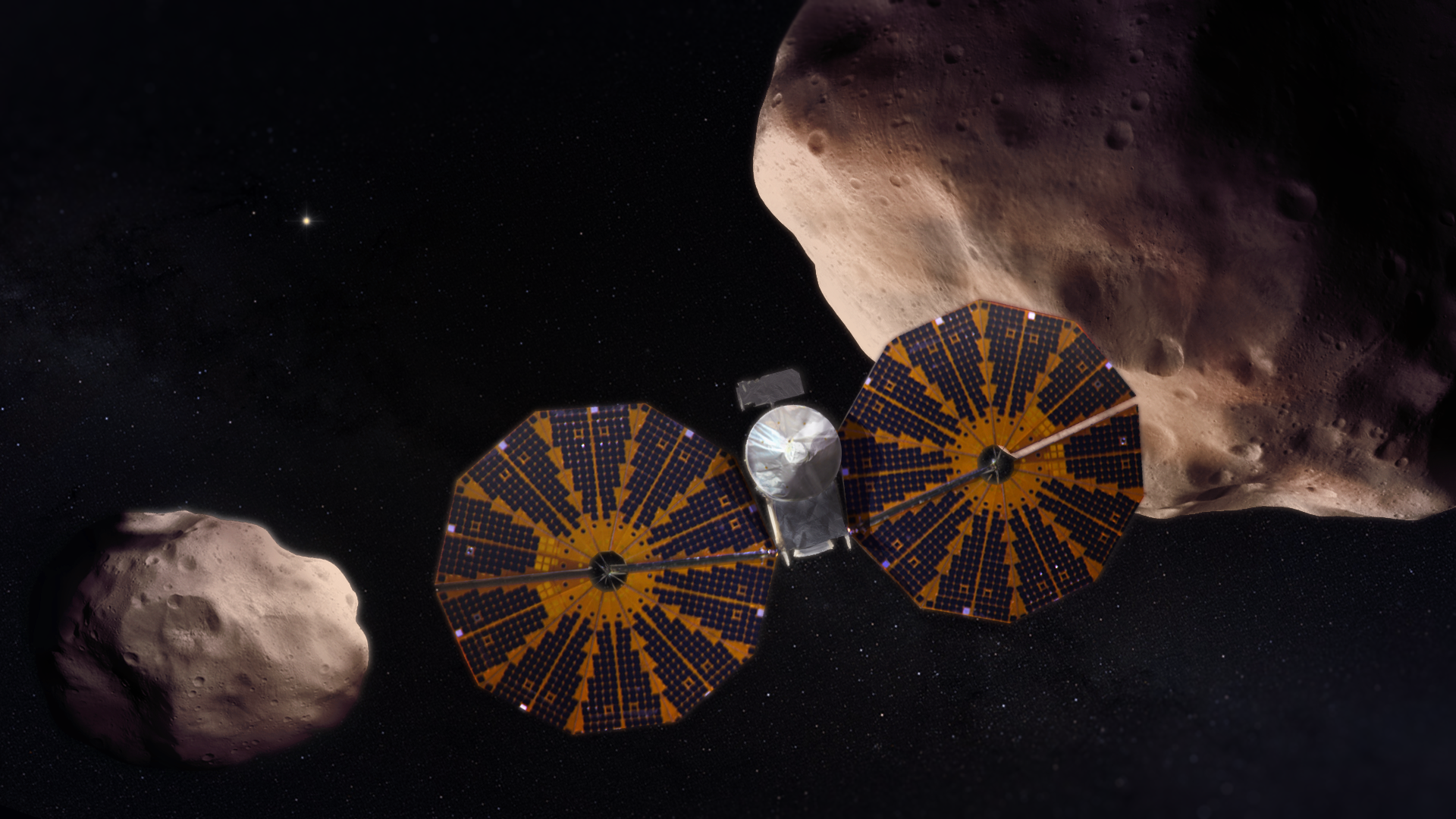 Recreacin de la sonda Lucy cerca de los asteroides troyanos de Jpiter