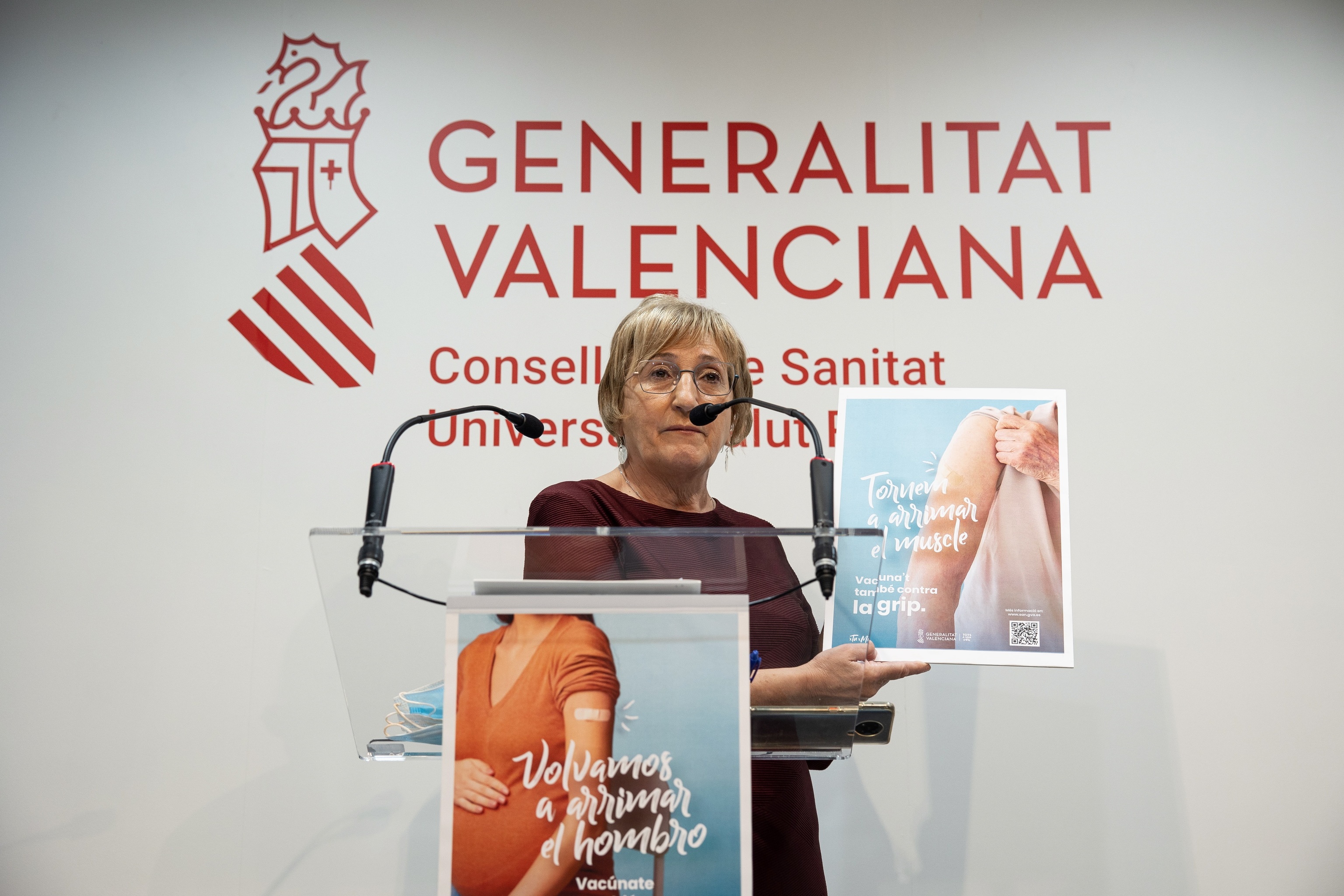 La consellera de Sanidad, Ana Barcel, con un cartel de la campaa de la gripe.