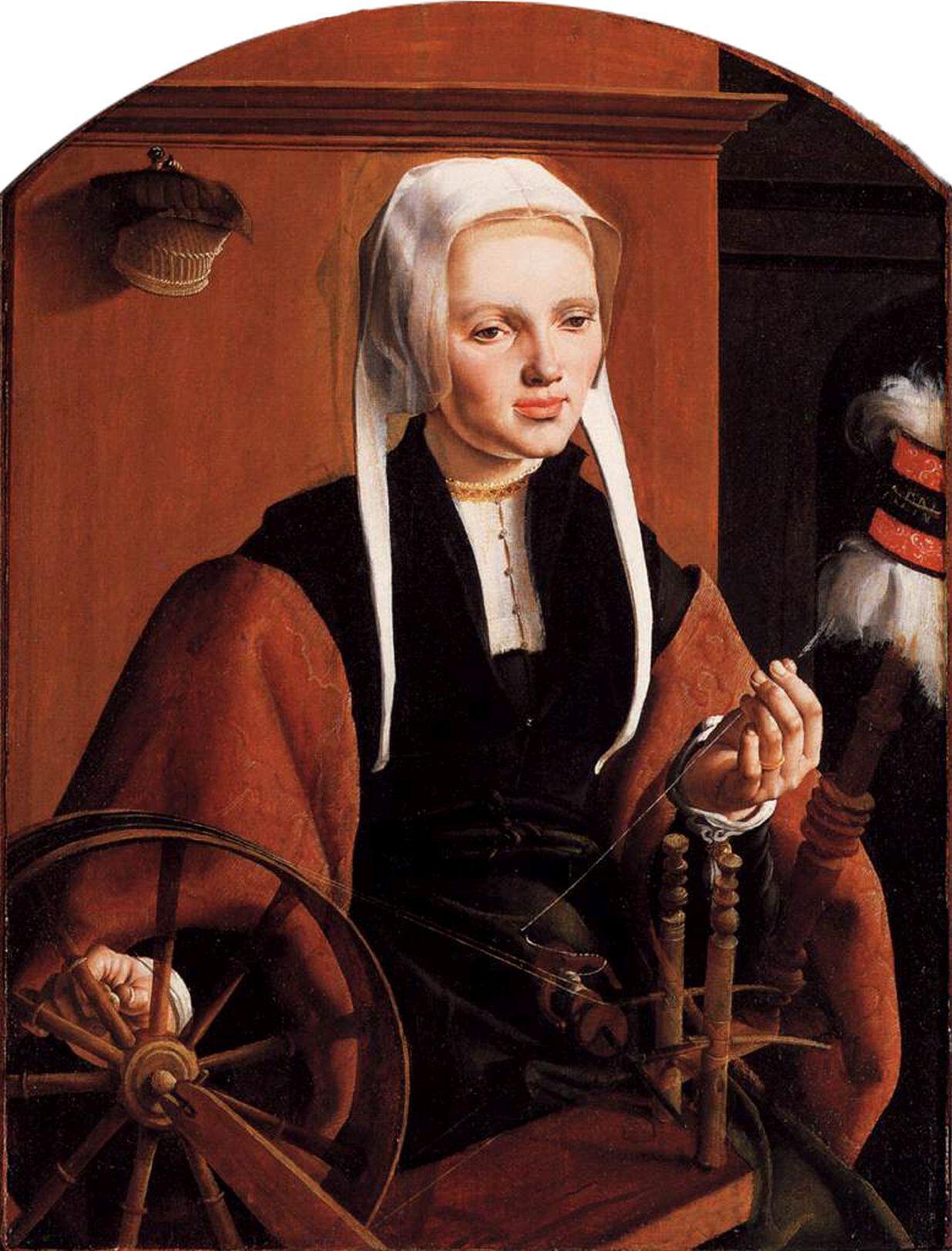Retrato dse Anna Coode con el hilo y la rueca, smbolos de comercio y riqueza, del holands Maarten van Heemskerck.
