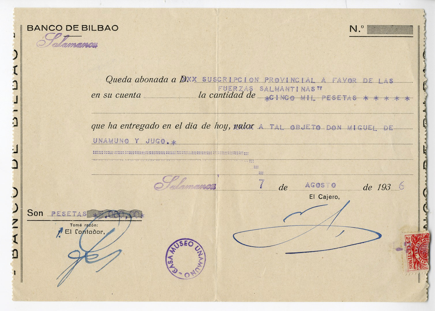 Documento del ingreso de 5.000 pesetas de Unamuno a las fuerzas salmantinas del bando sublevado en 1936.