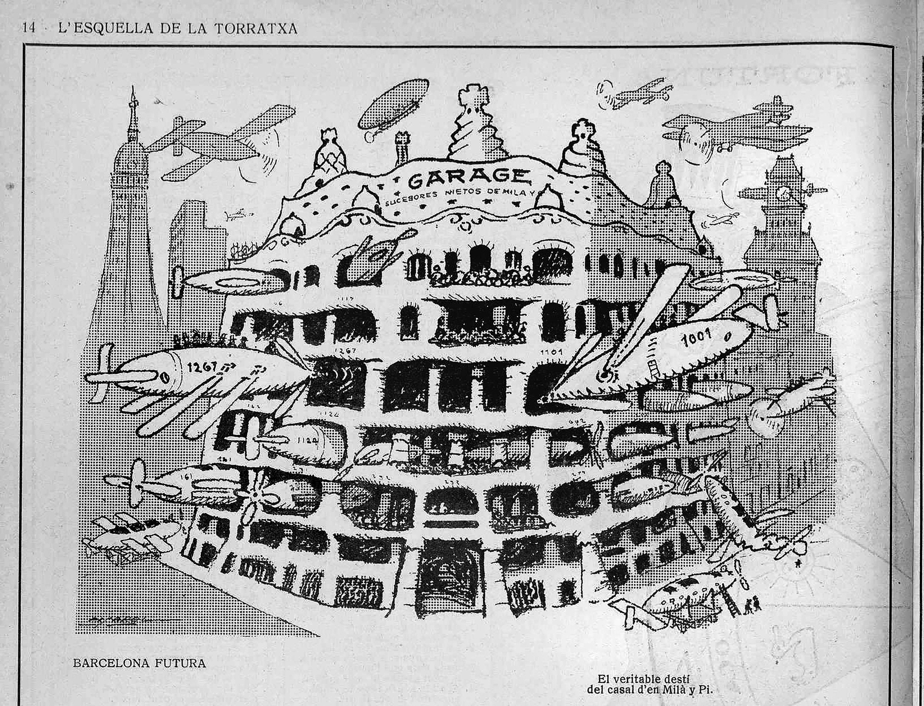 Caricatura de la Pedrera como aparcamiento para zepelines aparecida en 'L'Esquella de la Torratxa'.