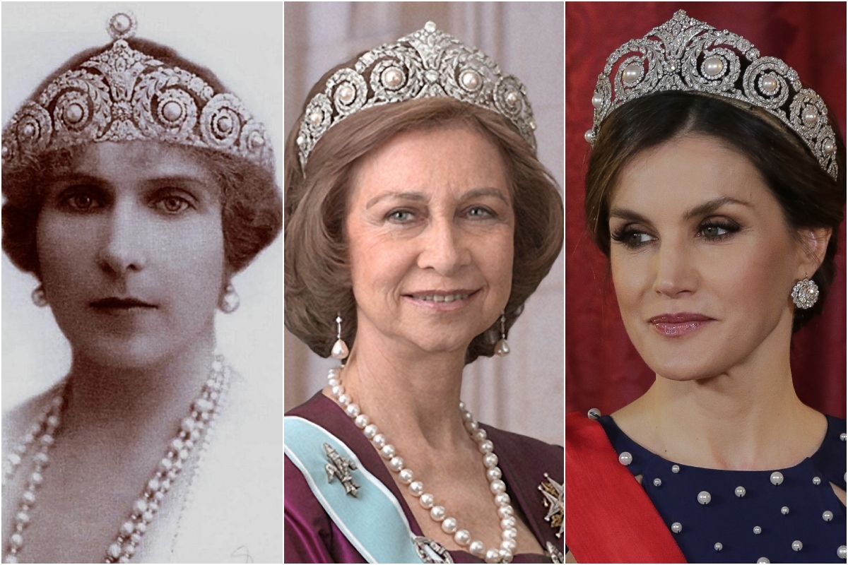 Las reinas Victoria Eugenia, Sofía y Letizia, con la tiara de Cartier.