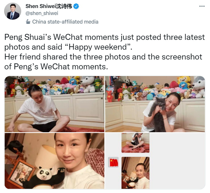 Tuit divulgado por el priodista chino Shen Shiwei con unas muy cuestionadas fotografas recientes de la tenista.