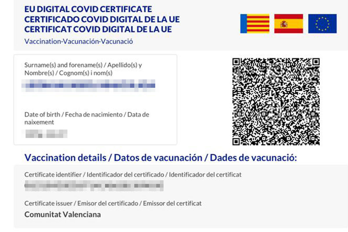 Imagen de un certificado de vacunación Covid emitido en la Comunidad Valenciana.