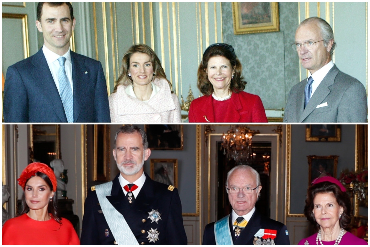 Don Felipe, Doa Letizia, la reina Silvia y el rey Carlos Gustavo, en 2005 (arriba) y esta semana (abajo).
