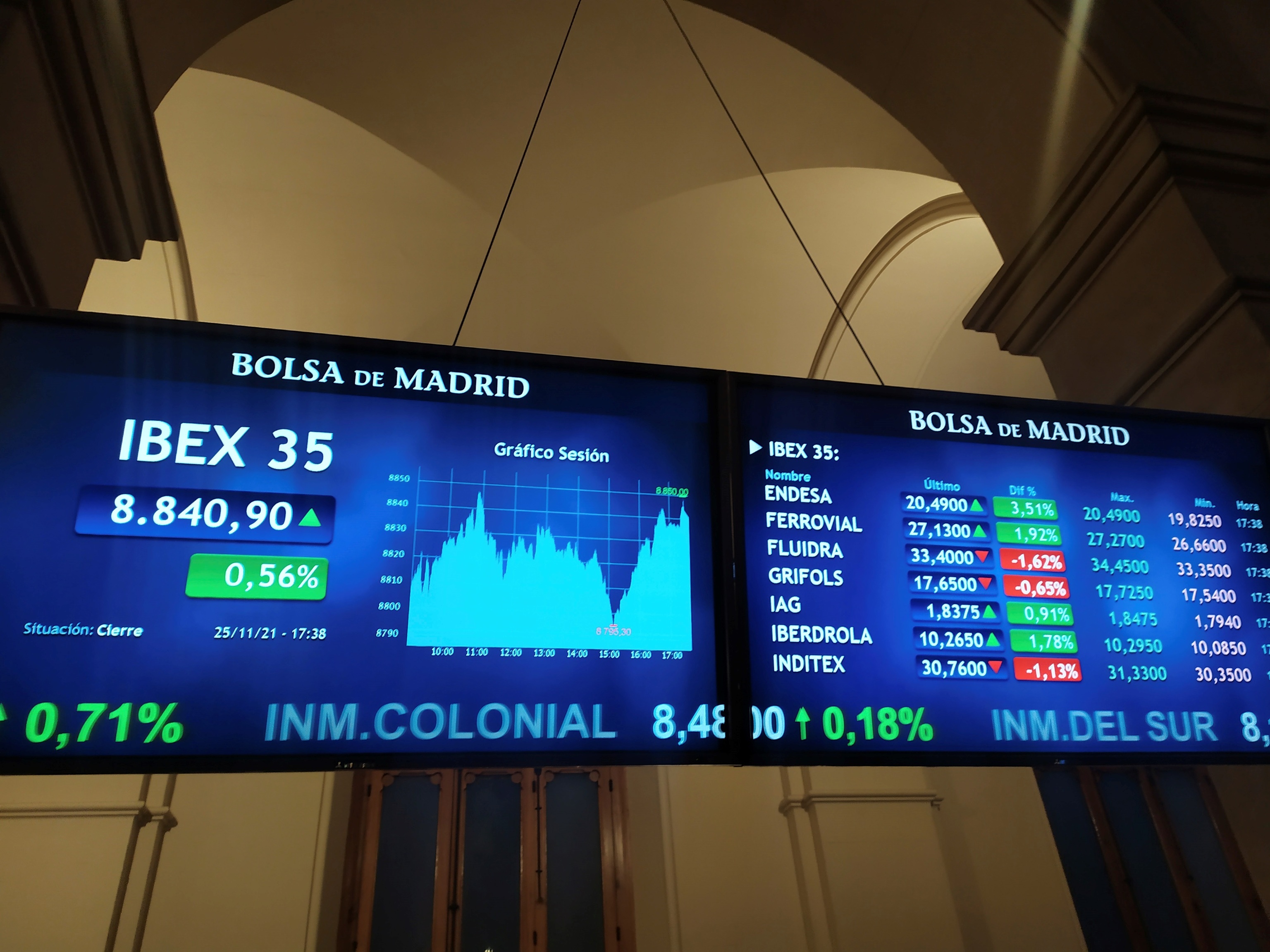 Pantallas de cotización en el Palacio de la Bolsa de Madrid.