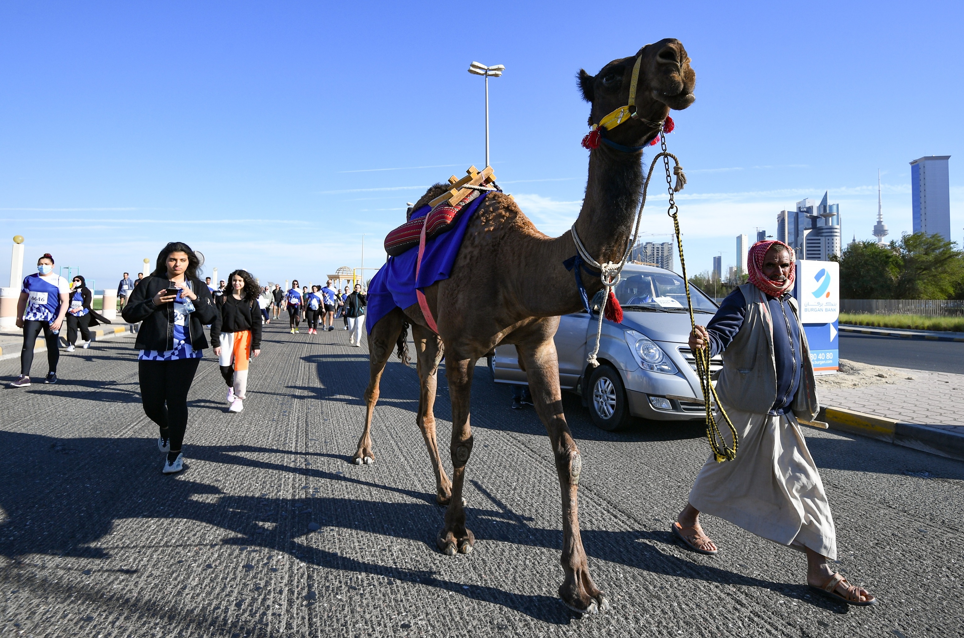 Un hombre pasea con un camello por la calle.