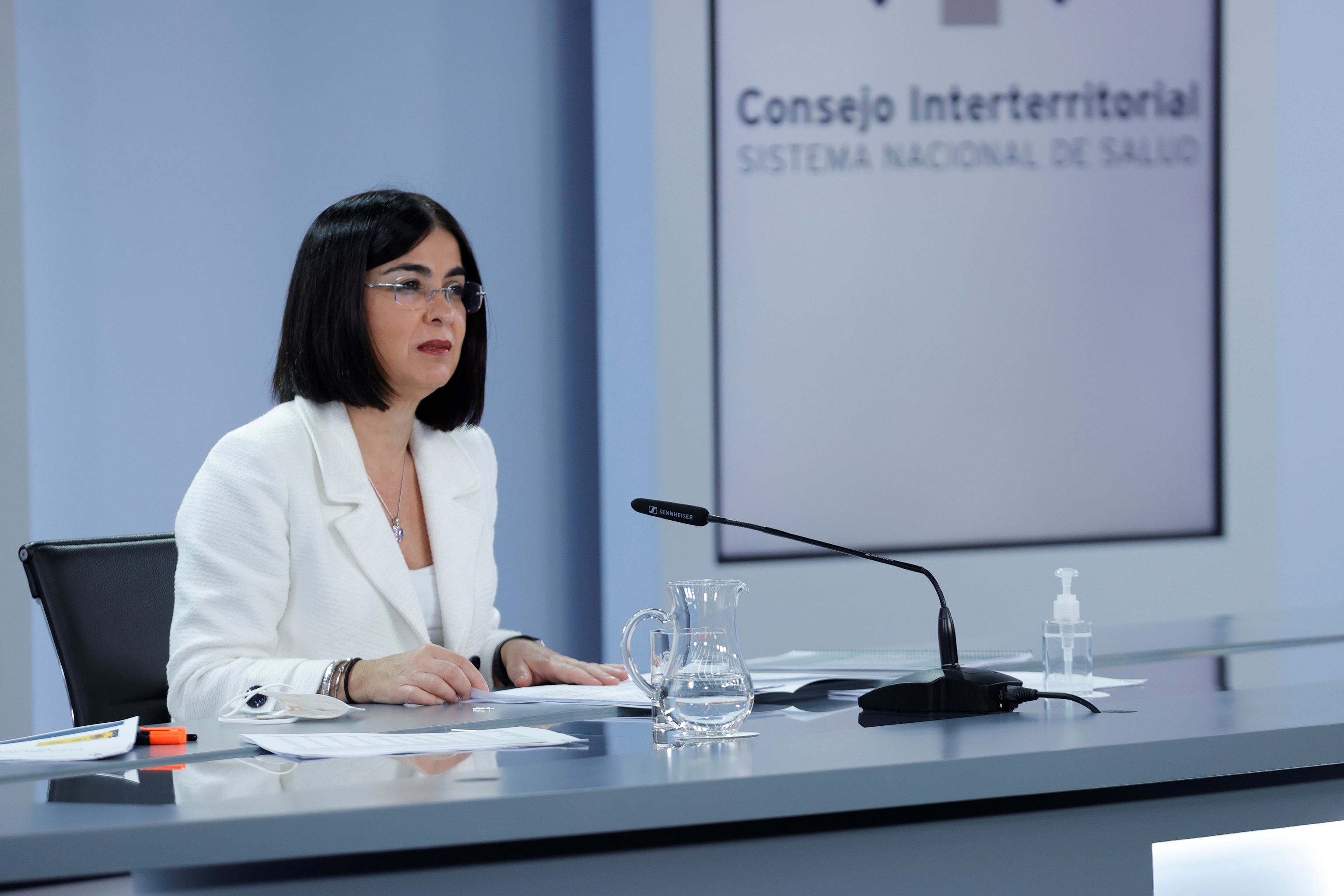 La ministra de Sanidad, Carolina Darias, en la rueda de prensa tras el Consejo Interterritorial de este mircoles en el Palacio de la Moncloa.