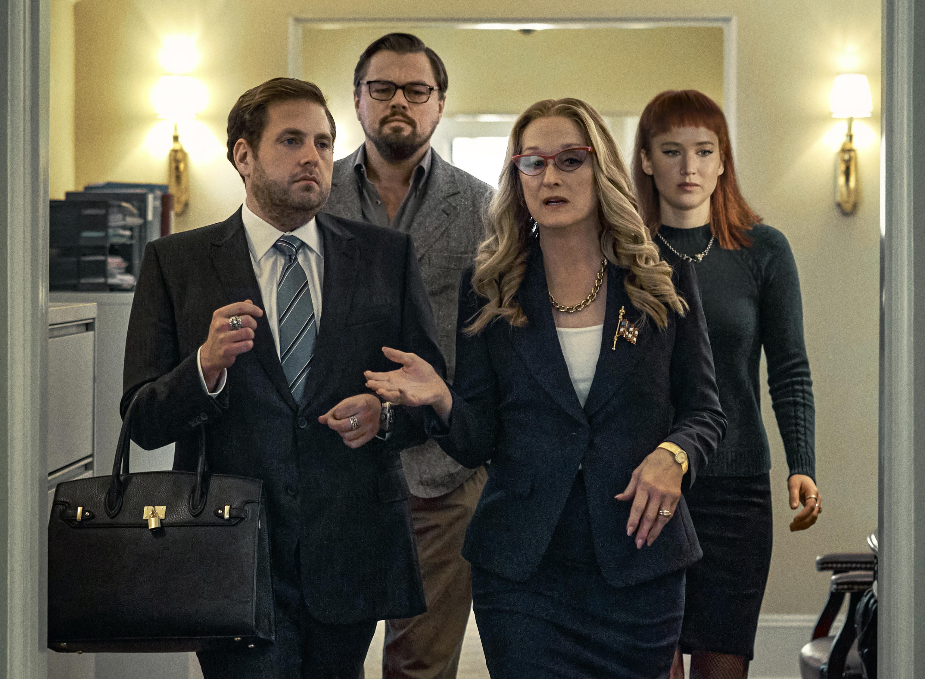 This image releases Jonah Hill, Leonardo DiCaprio, Meryl Streep and Jennifer Lawrence in a 'Don't Look Up' moment.