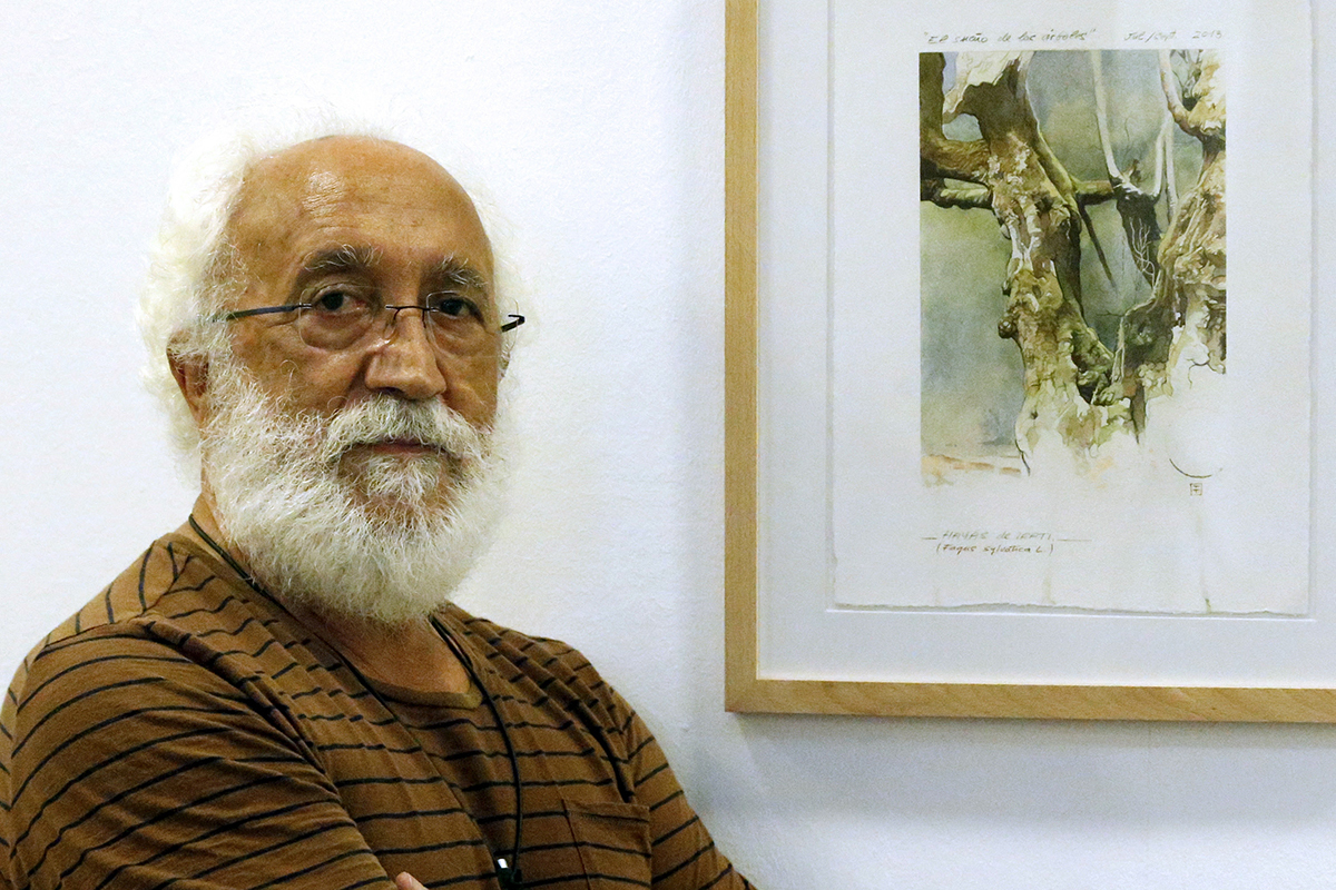 El artista asturiano Fernando Fueyo, durante la inauguracin de su exposicin 'El sueo de los rboles'.
