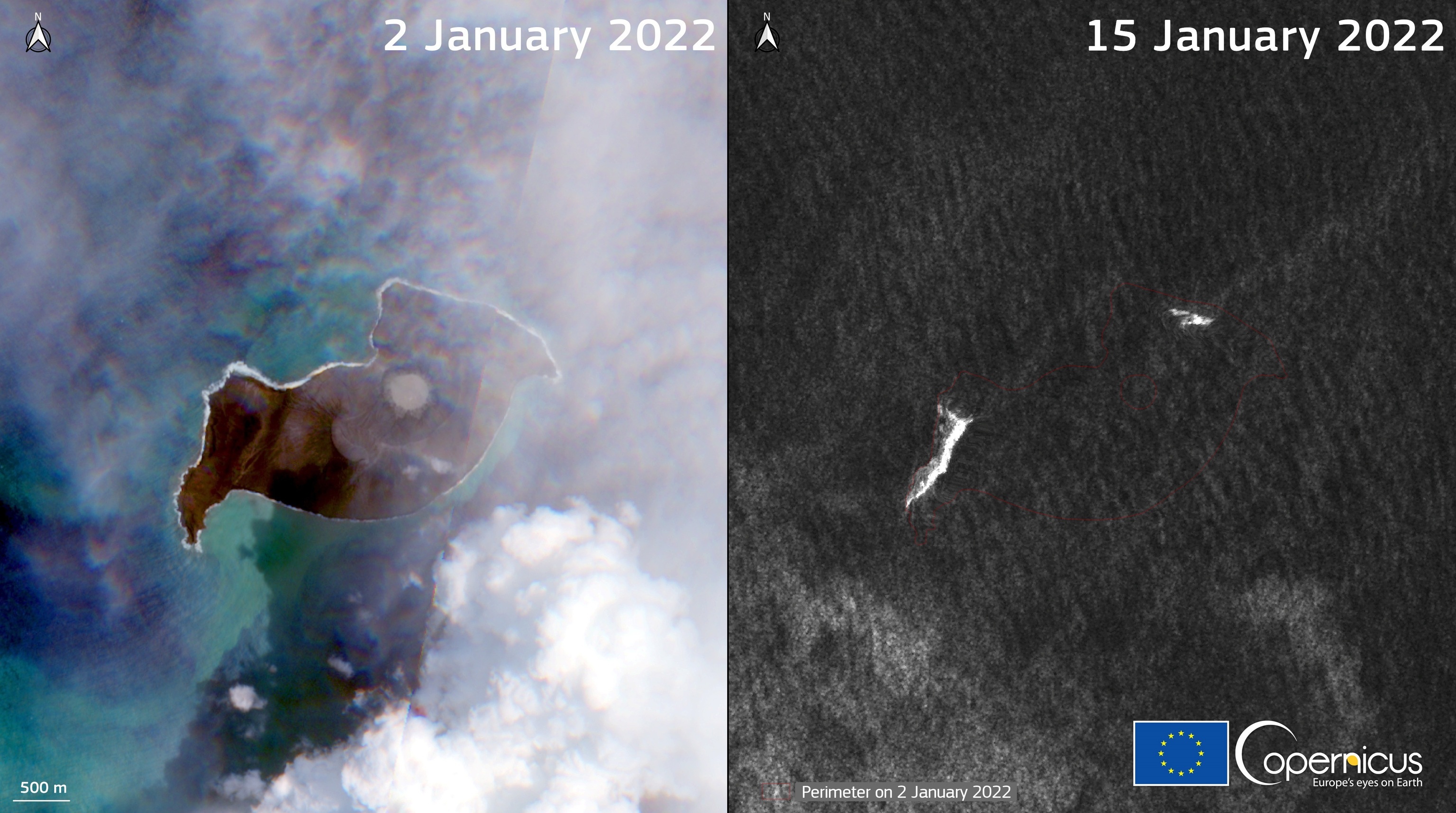 Imagen de satélite de la isla de Tonga antes y después de la erupción.