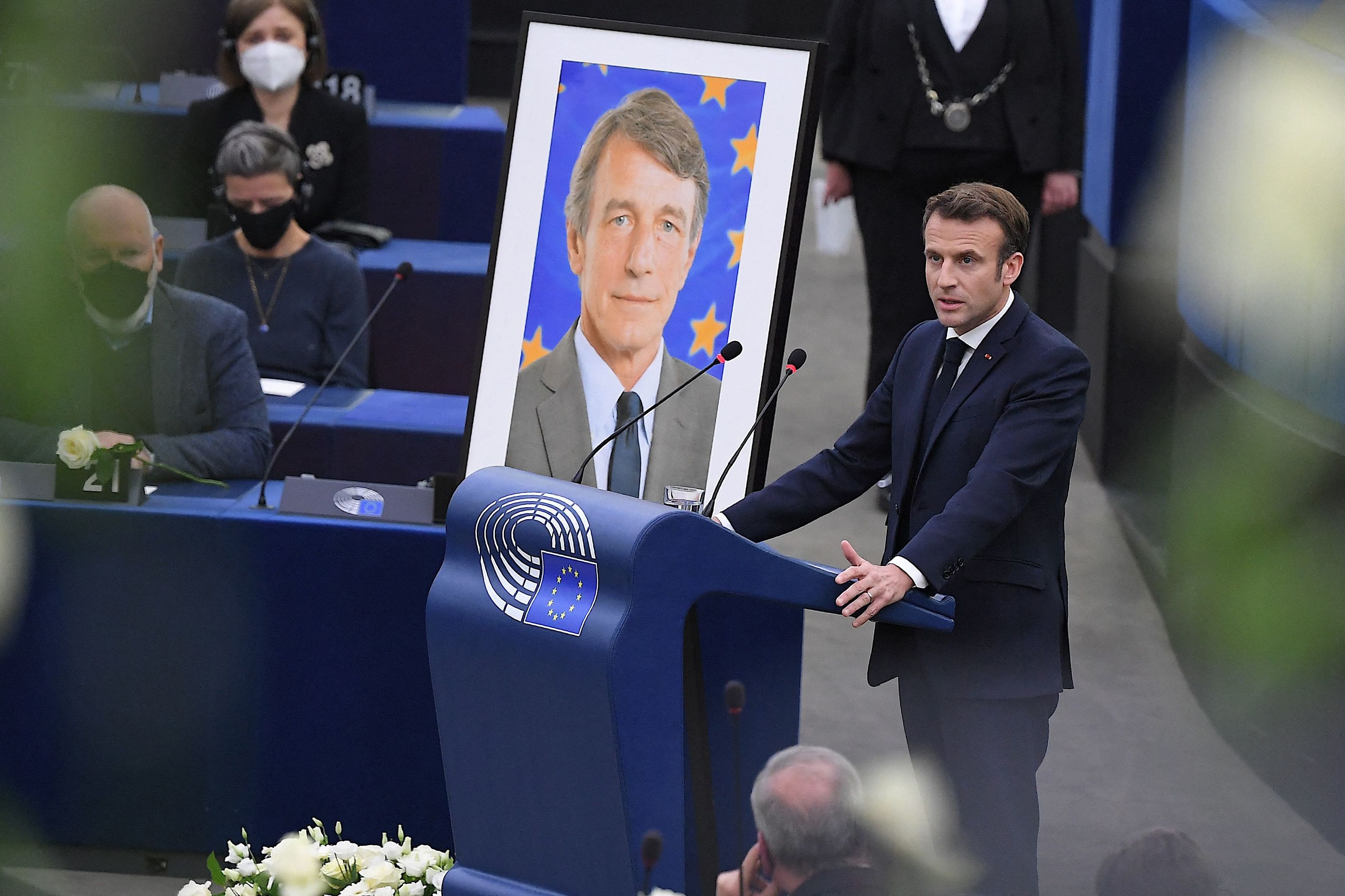 Emmanuel Macron, en el homenaje a David Sassoli este lunes en Estrasbugo.